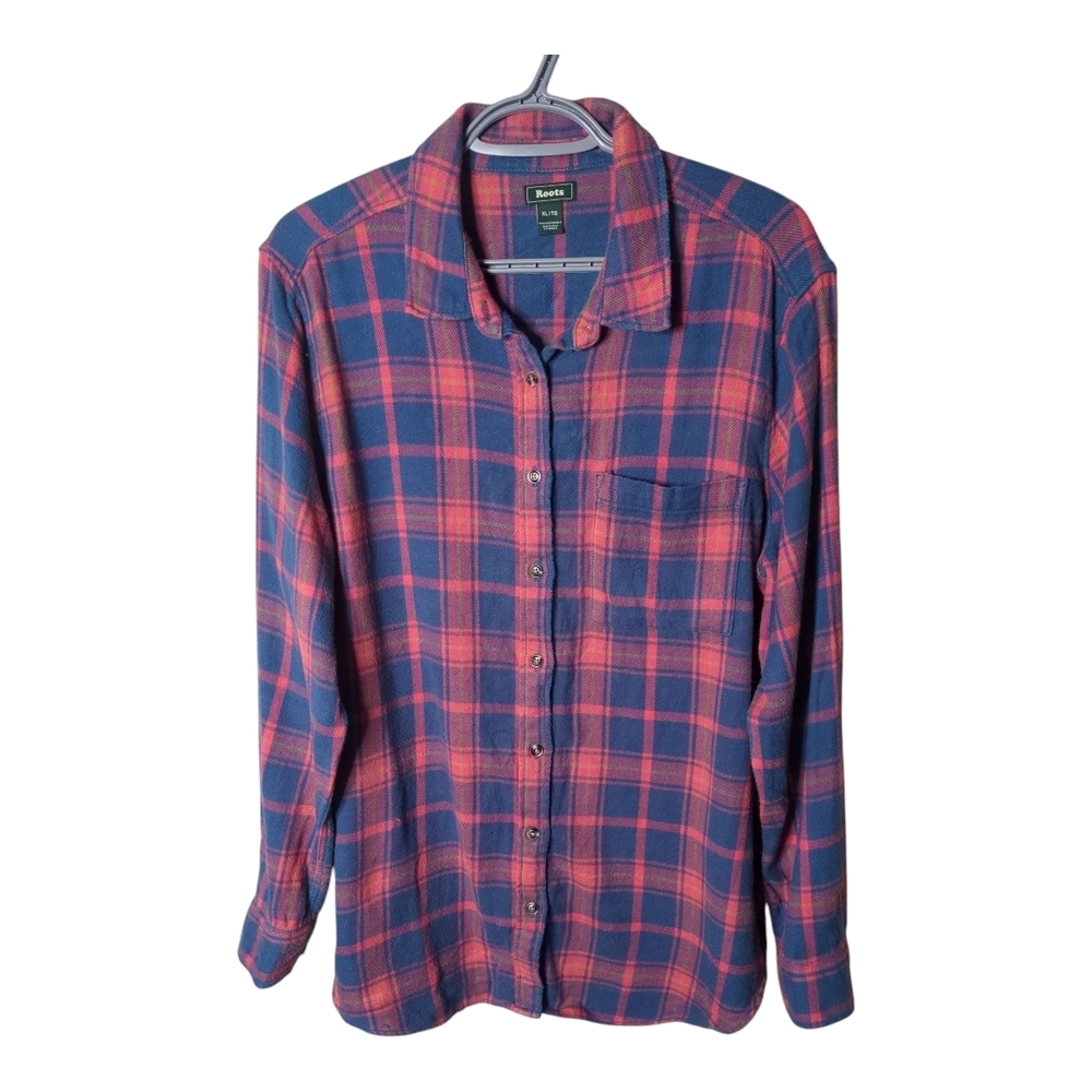 Roots Women's Pink/Blue Flannel Plaid Longer Length Cotton Size XL